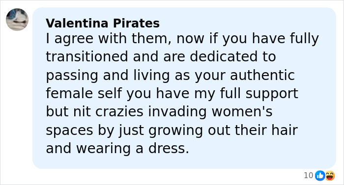 Comment discussing views on gender transition and women’s spaces, mentioning support and concerns about authenticity. Comment discussing views on gender transition and women’s spaces, mentioning support and concerns about authenticity.
