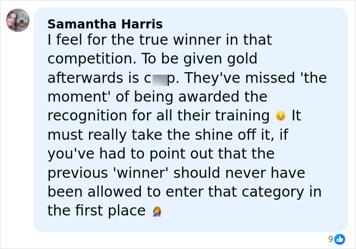 Comment expressing sympathy for true winner after world’s strongest woman crown reversed due to gender discovery Comment expressing sympathy for true winner after world’s strongest woman crown reversed due to gender discovery