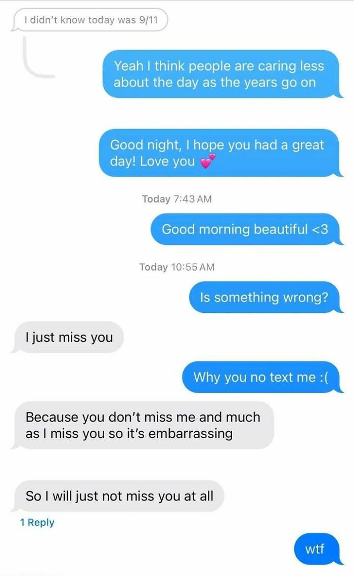 Text message conversation showing emotional tension and confusion in a messy relationship shared online instead of therapy.