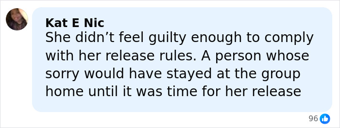 Comment criticizes a person for not feeling guilty and failing to comply with release rules after escape attempt. Comment criticizes a person for not feeling guilty and failing to comply with release rules after escape attempt.