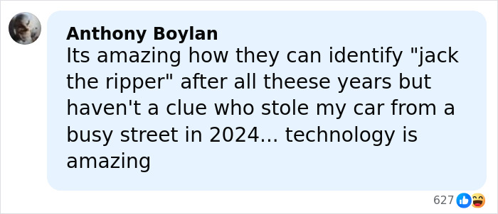 Comment on social media discussing Jack The Ripper's real identity after DNA breakthrough amazes users with modern technology.