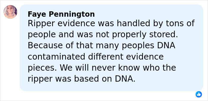 Comment discussing Jack The Ripper's DNA evidence mishandling that affects identifying his real identity online.
