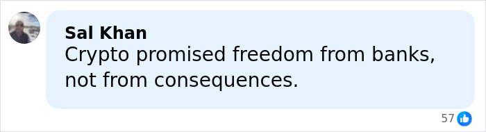 Comment about crypto scammer behind 500M scheme, highlighting freedom and consequences debate in digital currency.