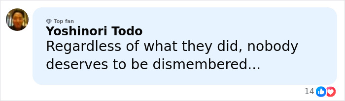 Comment by Yoshinori Todo expressing that nobody deserves to be dismembered, related to crypto scammer case in Dubai.