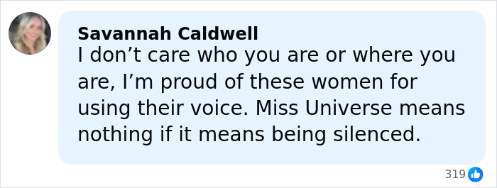 Comment from Savannah Caldwell supporting women speaking out at Miss Universe after controversy involving Miss Mexico and VP's comment.