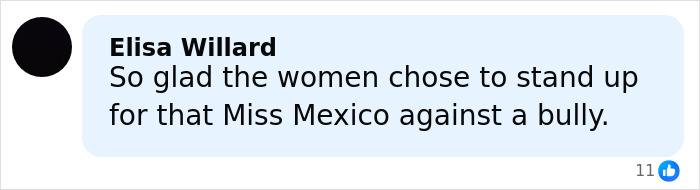 Social media comment praising Miss Mexico for standing up against bullying during Miss Universe drama.