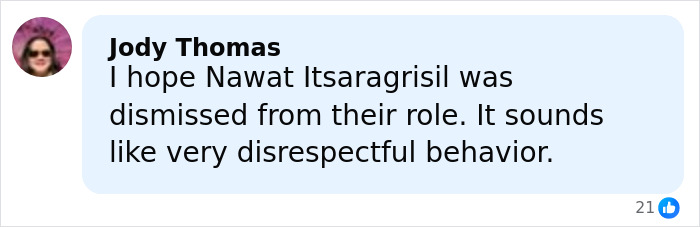 Commenter expressing hope that Nawat Itsaragrisil was dismissed for disrespectful behavior during Miss Universe drama.