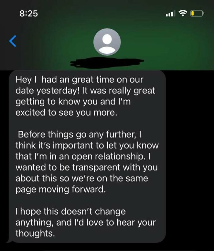 Text message discussing clarity in an open relationship, reflecting messy times people turned to the internet instead of therapy.