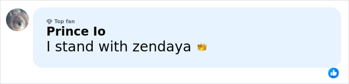 User comment supporting Zendaya on a social media platform with a profile picture and like reaction visible.
