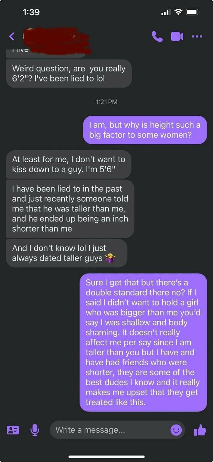 Text message conversation discussing height preferences in dating and feelings shared online instead of therapy for messy times.