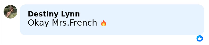 Comment by Destiny Lynn saying Okay Mrs. French with a fire emoji on social media post about Ashley Tisdale name change.