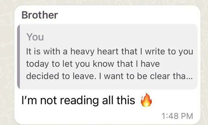 Text message conversation showing a person refusing to read a long emotional message about leaving, illustrating messy times overreacting online.