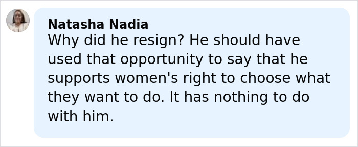 Comment by Natasha Nadia questioning politician's resignation after daughter reveals she's an adult content creator.