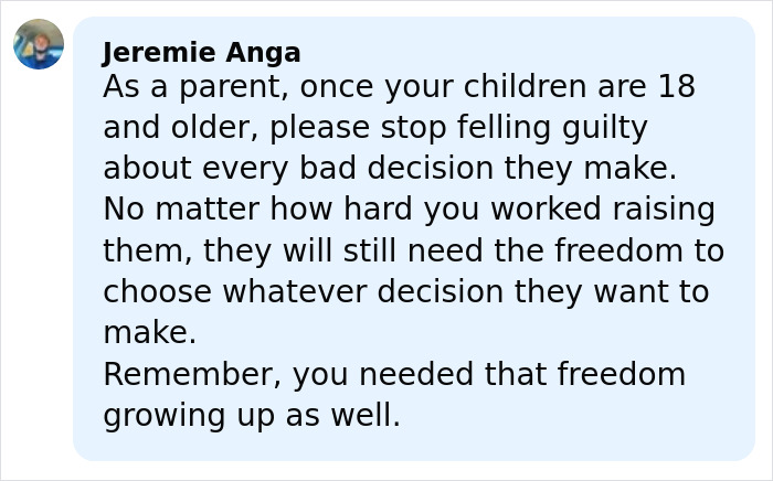 Text message from Jeremie Anga advising parents to respect adult children's freedom despite difficult choices, related to politician resignation.