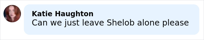 Comment by Katie Haughton reading "Can we just leave Shelob alone please" in a light blue speech bubble.