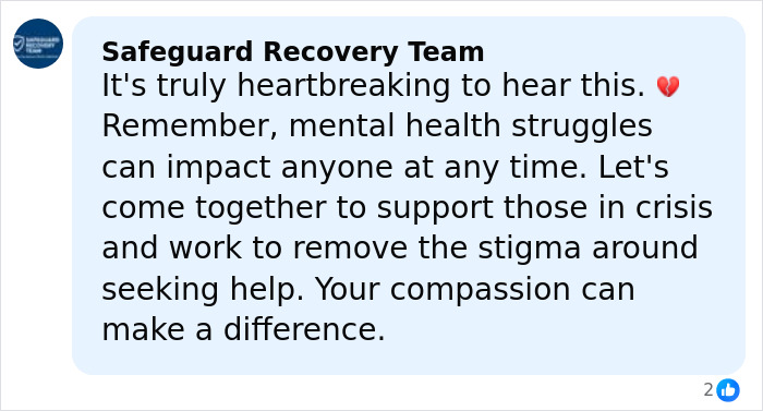 Screenshot of Safeguard Recovery Team comment emphasizing mental health support and stigma removal in crisis situations.