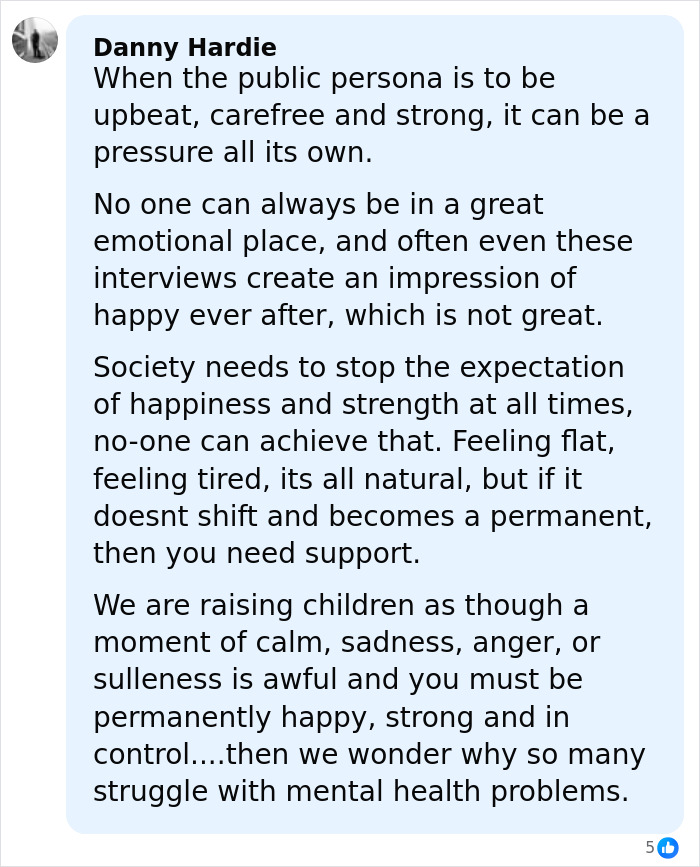 Comment discussing societal pressure on happiness and mental health, relating to Florence Pugh age gap with ex Zach Braff.
