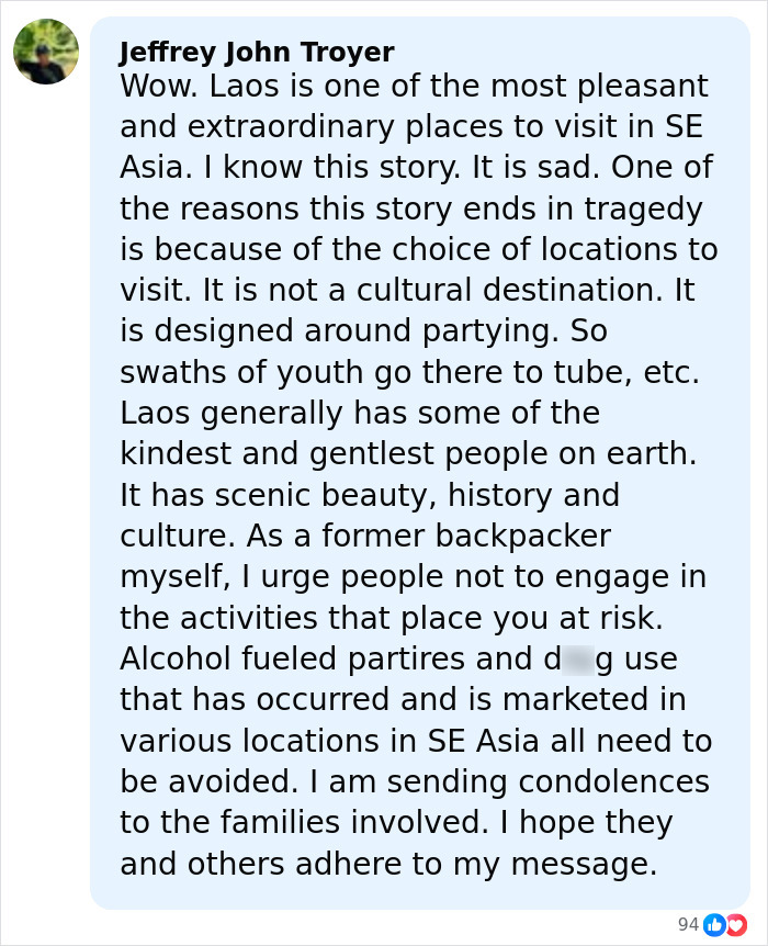 Comment warning against travel risks in Southeast Asia after daughters lose their lives on vacation, urging caution.