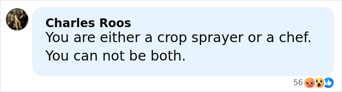 Comment by Charles Roos stating that a person cannot be both a crop sprayer and a chef, highlighting the phrase celebrity chef.