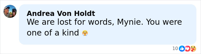 Comment expressing grief over celebrity chef's passing, mentioning she was one of a kind and deeply missed by friends.