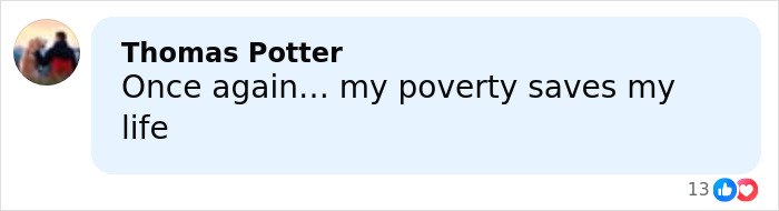 Comment by Thomas Potter stating his poverty saved his life, related to father and son tragic zip-lining incident.