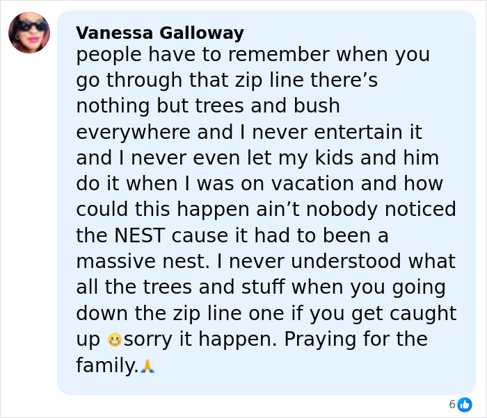 Comment expressing concern over a tragic zip-lining incident involving a father and son, praying for the family.