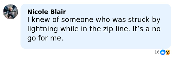 Comment by Nicole Blair discussing the dangers of zip-lining related to a father and son tragic incident.