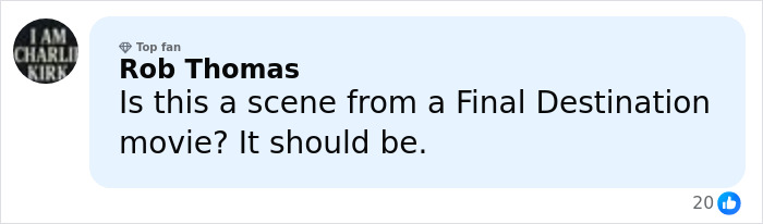 Comment about a tragic zip-lining incident involving a father and son, expressing disbelief and referencing a horror movie.