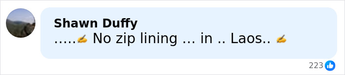 Comment warning about no zip lining in Laos, referencing safety concerns related to zip-lining incidents involving father and son.