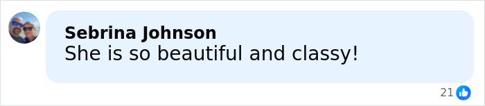 Comment by Sebrina Johnson praising someone's beauty and classy appearance in a social media post.