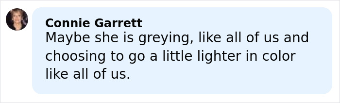 Screenshot of a social media comment discussing hair color choices and going lighter with natural greying.