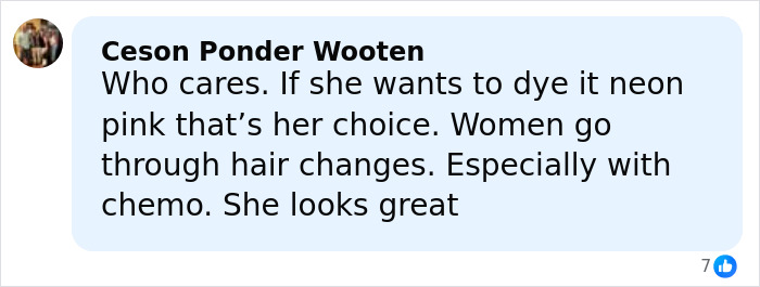 Comment by Ceson Ponder Wooten supporting hair color changes and praising healthy hair after chemo treatment.