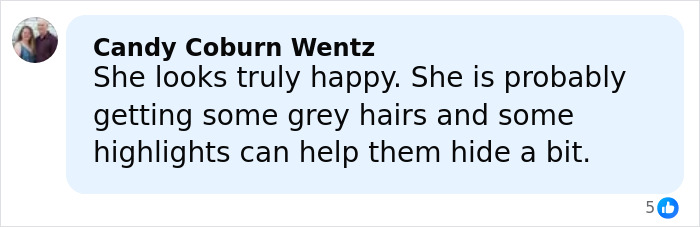 Comment from Candy Coburn Wentz about hair health and hiding grey hairs with highlights in a social media post.