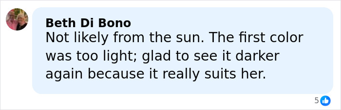 Comment by Beth Di Bono discussing Kate Middleton's hair color change and its suitability for her appearance.