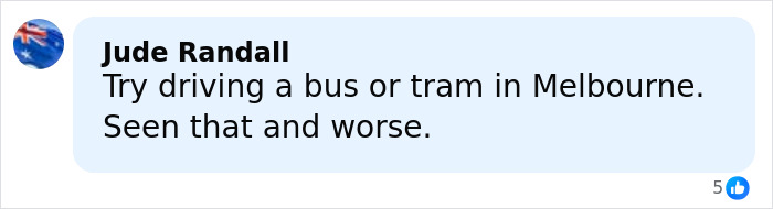 Comment by Jude Randall sharing experience about driving a bus or tram in Melbourne in a social media post.