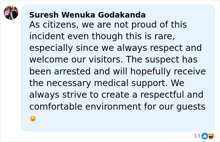 Comment from Suresh Wenuka Godakanda expressing hope for a respectful environment after solo traveling disturbing act incident.