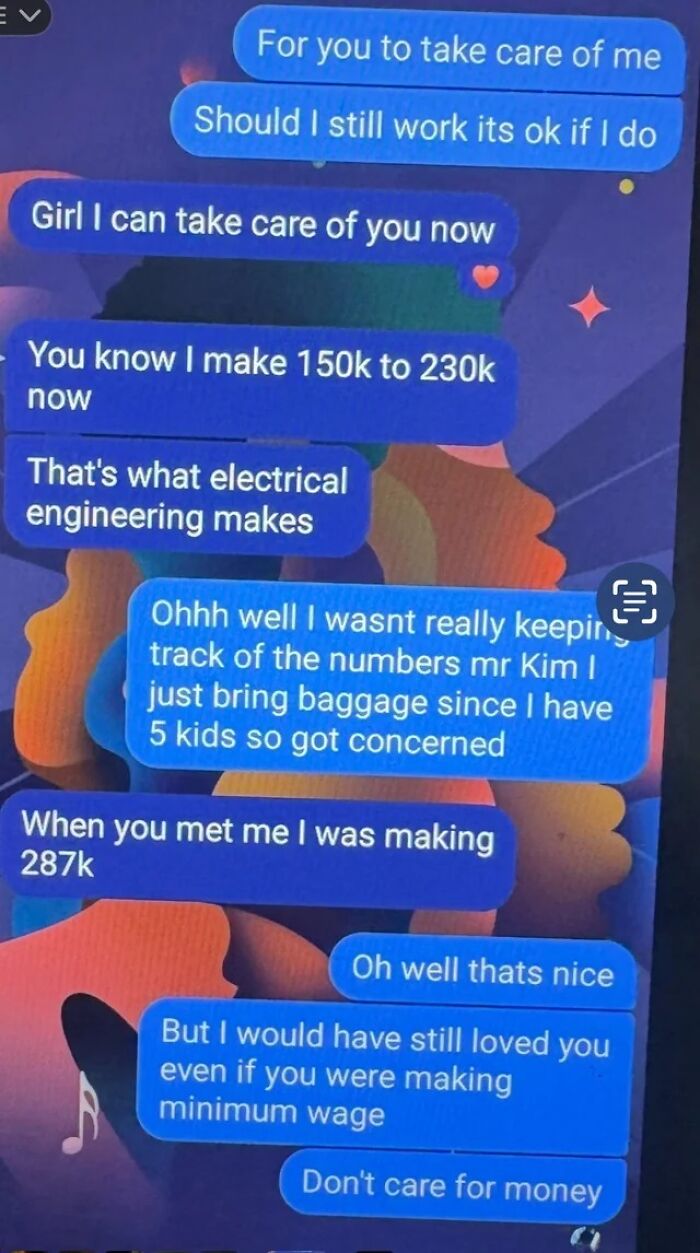 Text message exchange showing a messy conversation people turned to the internet instead of therapy about income and care.