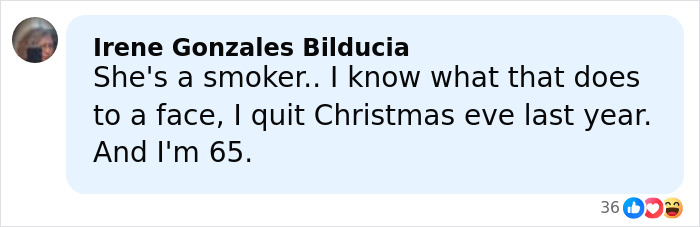 Commenter Irene Gonzales Bilducia discusses smoking effects on the face, mentioning quitting at age 65 and aging in Hollywood. Commenter Irene Gonzales Bilducia discusses smoking effects on the face, mentioning quitting at age 65 and aging in Hollywood.