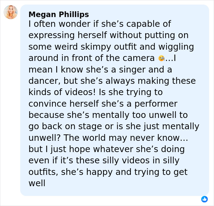 Alt text: Screenshot of a social media comment expressing concern about Britney Spears' mental well-being and sadness. Alt text: Screenshot of a social media comment expressing concern about Britney Spears' mental well-being and sadness.
