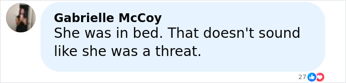 Comment by Gabrielle McCoy questioning threat level of a person in bed under former news anchor story context.