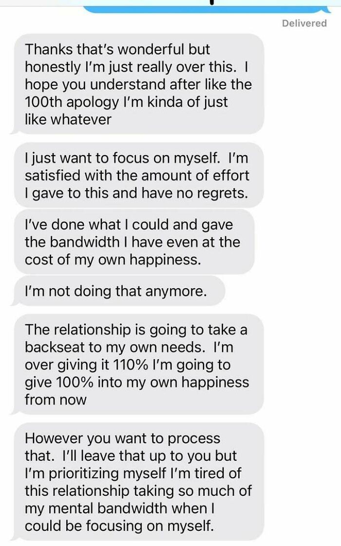 Text message expressing feelings of frustration and prioritizing self-care over a draining relationship, reflecting emotional overreaction.