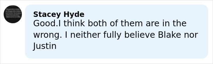 Comment by Stacey Hyde expressing balanced opinion on the legal mistake Justin Baldoni made in $400M countersuit case against Blake Lively.