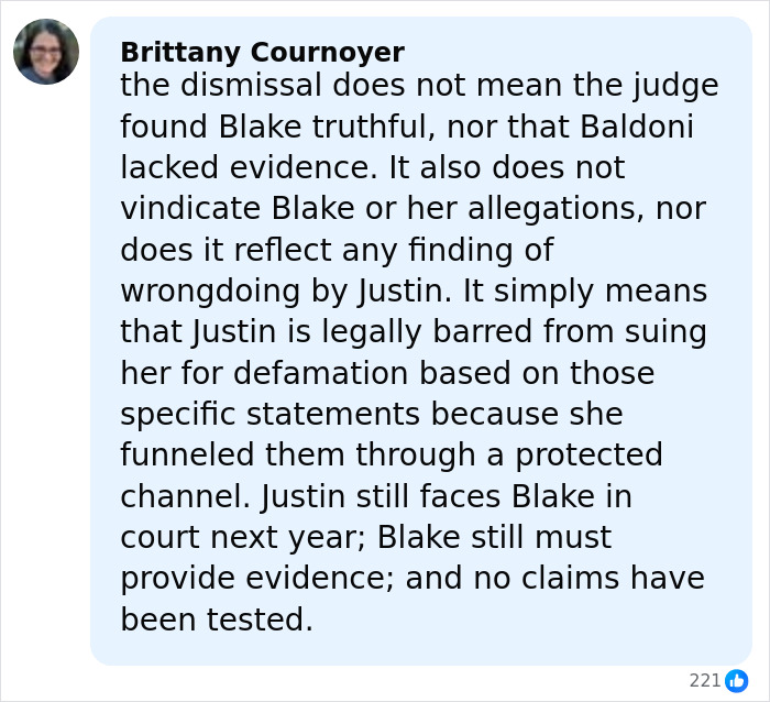 Comment explaining the legal mistake Justin Baldoni made that ended his $400M countersuit against Blake Lively in a social media post.