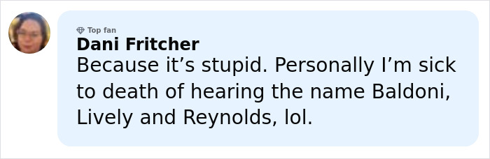 Commenter Dani Fritcher expressing frustration mentioning Justin Baldoni, Blake Lively, and Reynolds in a social media post.