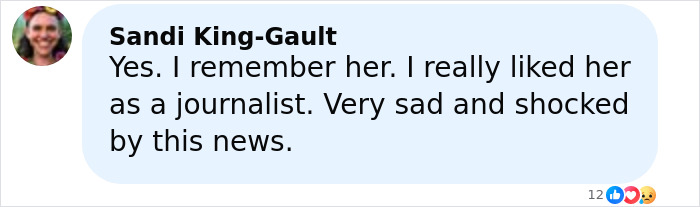 Comment from Sandi King-Gault expressing sadness and shock about former news anchor incident involving her own mother on Halloween.