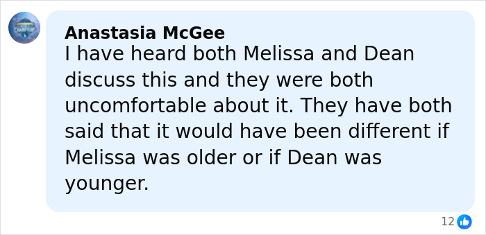Comment discussing Melissa Gilbert feeling nauseated about age gap with her on-screen husband when she was 15 years old.
