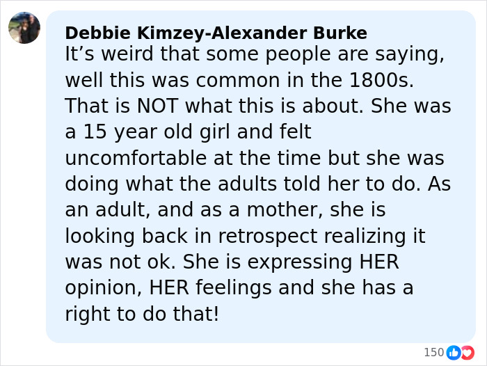 Comment by Debbie Kimzey-Alexander Burke discussing Melissa Gilbert feeling nauseated about age gap with on-screen husband at 15.