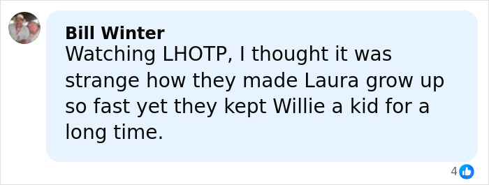 Comment by Bill Winter about age gap in Laura and Willie characters from Little House on the Prairie series.