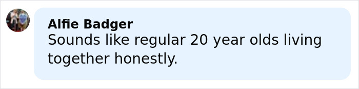 Comment from Alfie Badger discussing the typical living situation of 20 year olds living together.