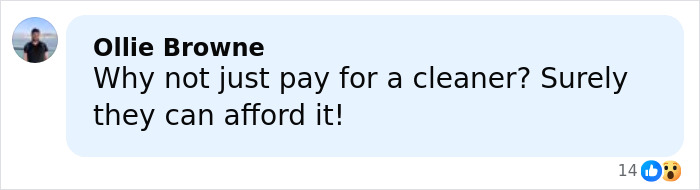 Comment by Ollie Browne questioning why a cleaner is not hired, reacting to Stranger Things actor Gaten Matarazzo&rsquo;s living situation.